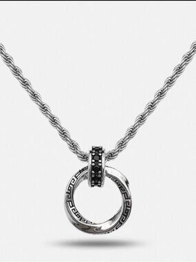Sterling Silver Black Accent Greek Key Circle Pendant Necklace